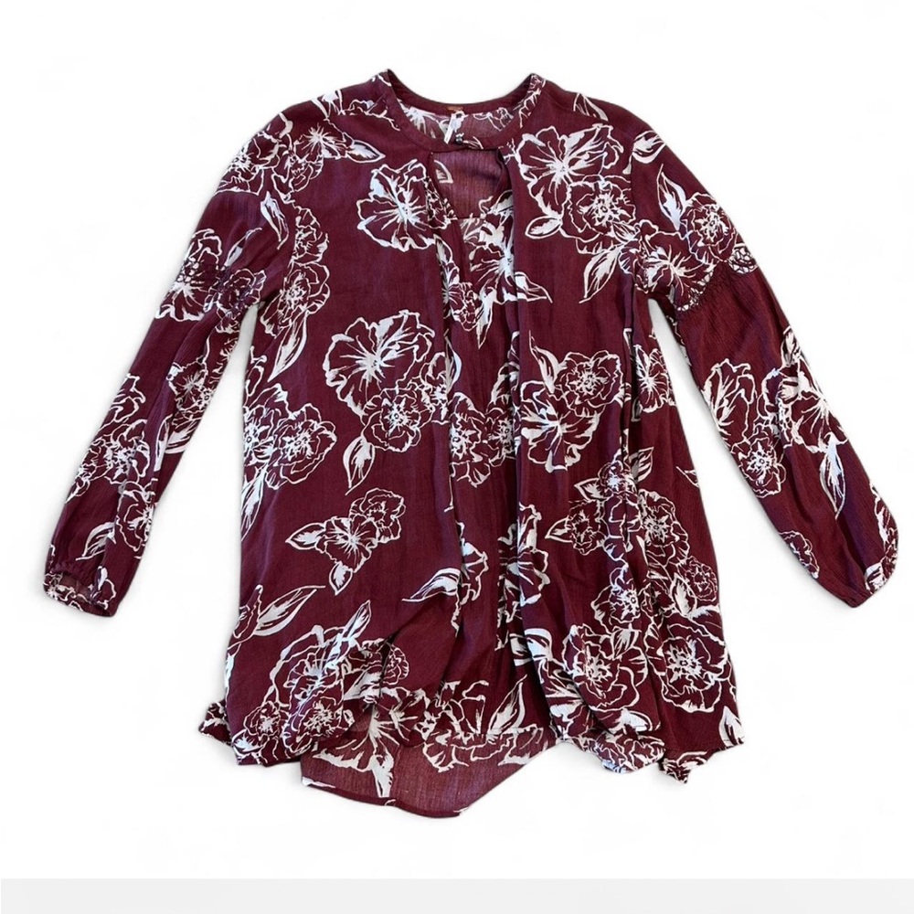 Free People Floral Tunic Top Burgundy Cream Oversized Small